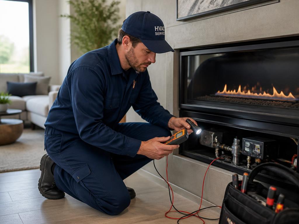 Certified gas technician servicing a modern linear gas fireplace in a living room